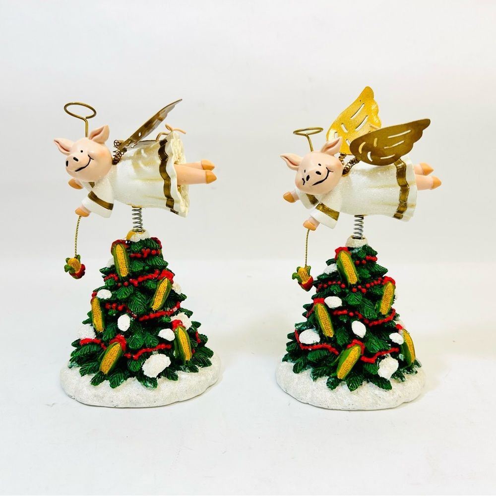 SET OF 2 Hand Painted Resin Christmas Tree with Piggy Angel Bobblehead Topper